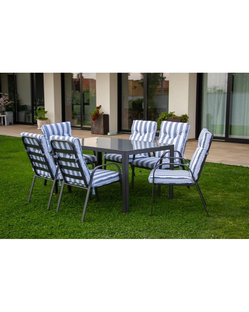 Conjunto Jardin Mesa con 6 Sillas TENERIFE Mesa Jardin Exterior mesa 150x90  gris antracita y cojines blanco y azul Textiline. Ideal para 6 personas